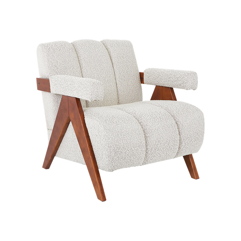 ISLABELLA, Sillón de Descanso Elegante con Estructura de Madera de Caucho y Tejido Bouclé