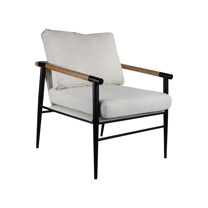 MIRANDA, Silla Tapizada de Tela con Estructura Metálica y Reposabrazos de Madera, Diseño Minimalista